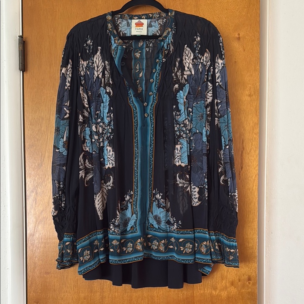 FARM Rio Navy Floral Button-Front Tunic with Teal Accents